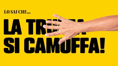 Immagine su sfondo giallo con una mano e la frase "La truffa si camuffa"