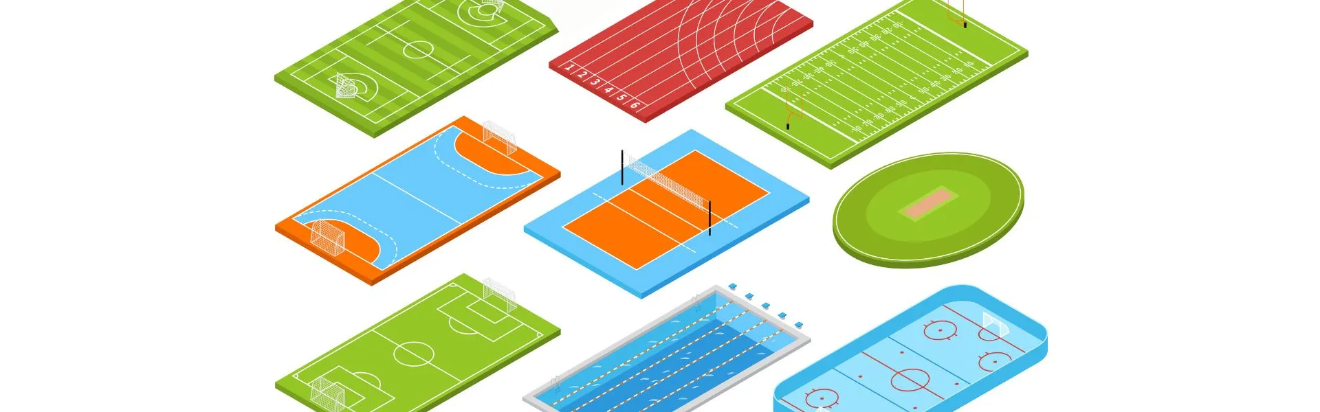 Immagine disegnata di vari impianti sportivi differenti