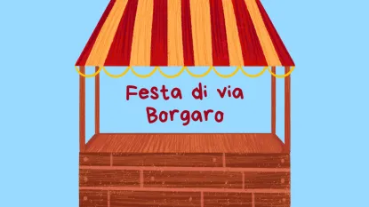 immagine bancarella con scritta: "festa di via Borgaro"
