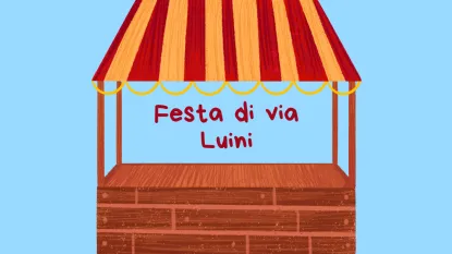 immagine bancarella con scritta: "festa di via Luini"