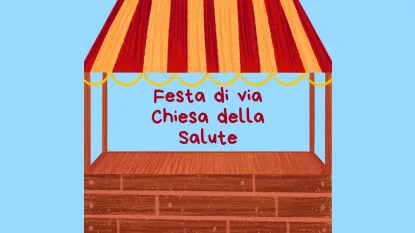 immagine bancarella con scritta: "festa di via Chiesa della salute"