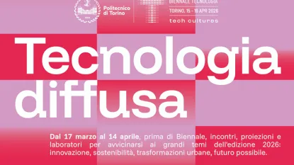 sfondo a quadri rosa rosso con scritta: "Tecnologia diffusa", locandina della biennale tecnologia