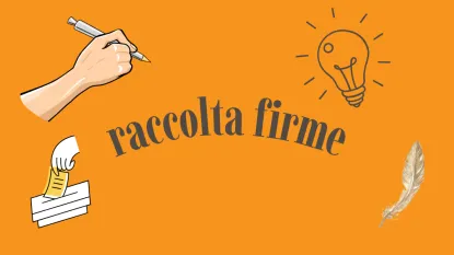 piuma, voto, mano con matita che scrive con scritta: "raccolta firme"