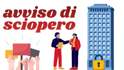 avviso di sciopero con manifestanti, lavoratori e palazzo con lucchetto