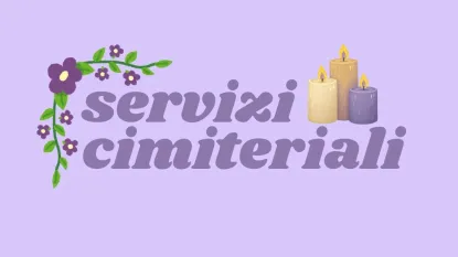 scritta servizi cimiteriali con cornice di fiori e ceri accesi
