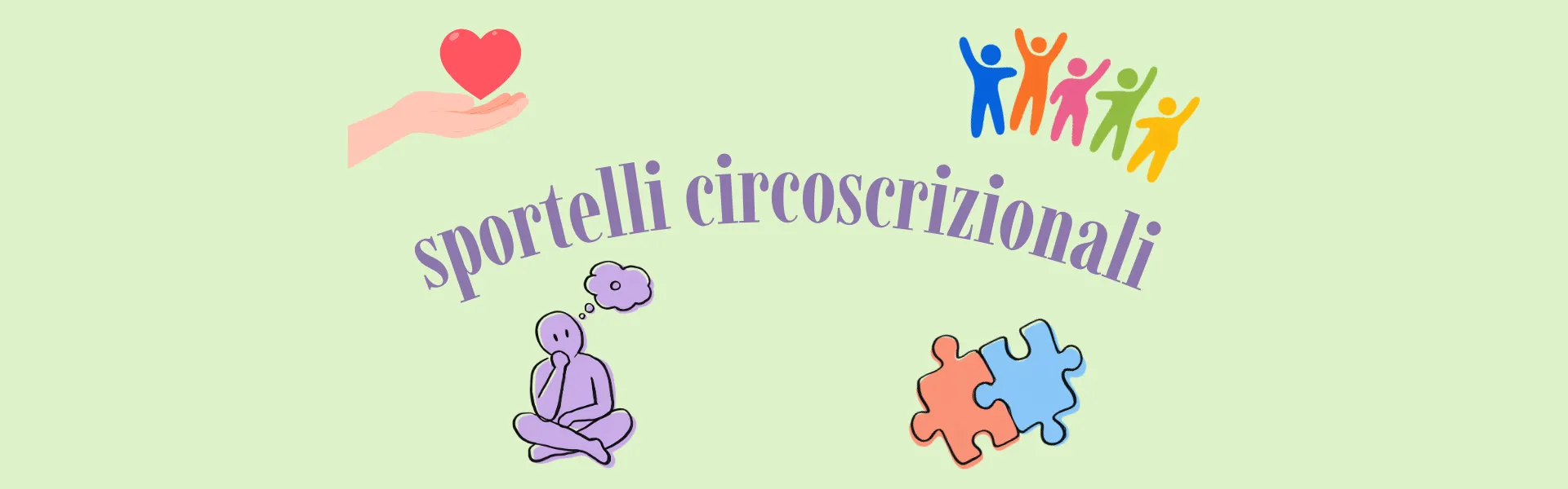 icona mano con cuore, omini stilizzati felici e puzzle e con scritta: "sportelli circoscrizionali"