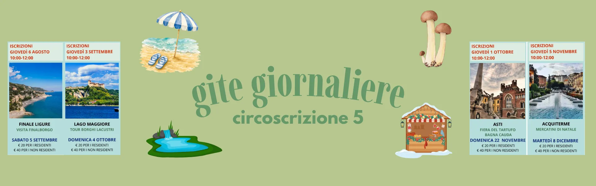 Immagini dei luoghi delle Gite con scritta: "gite giornaliere circoscrizione 5"