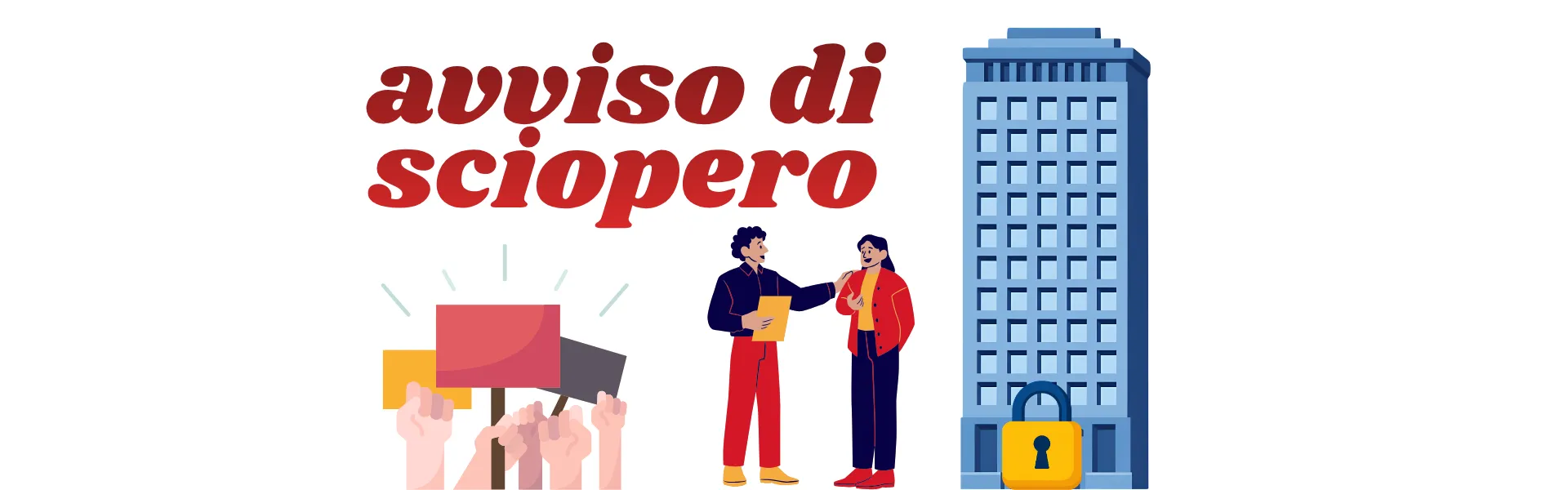 avviso di sciopero con manifestanti, lavoratori e palazzo con lucchetto